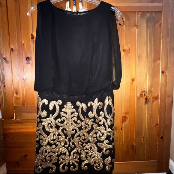 BETSY & ADAM Black Chiffon Gold Sequin Cocktail Dress – Size 10 - Picture 2 of 7